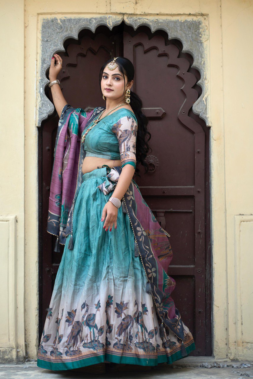 Designer Kalamkari Rama Color Pure Manipuri Silk Lehenga Set