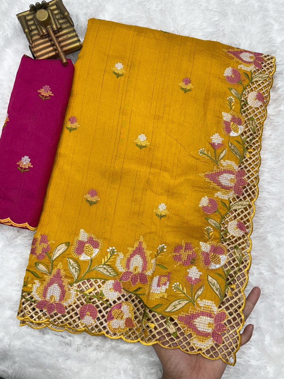 Women's Beautiful Thread and Embroidered Cut Work Visca Slub Silk Saree With Blouse