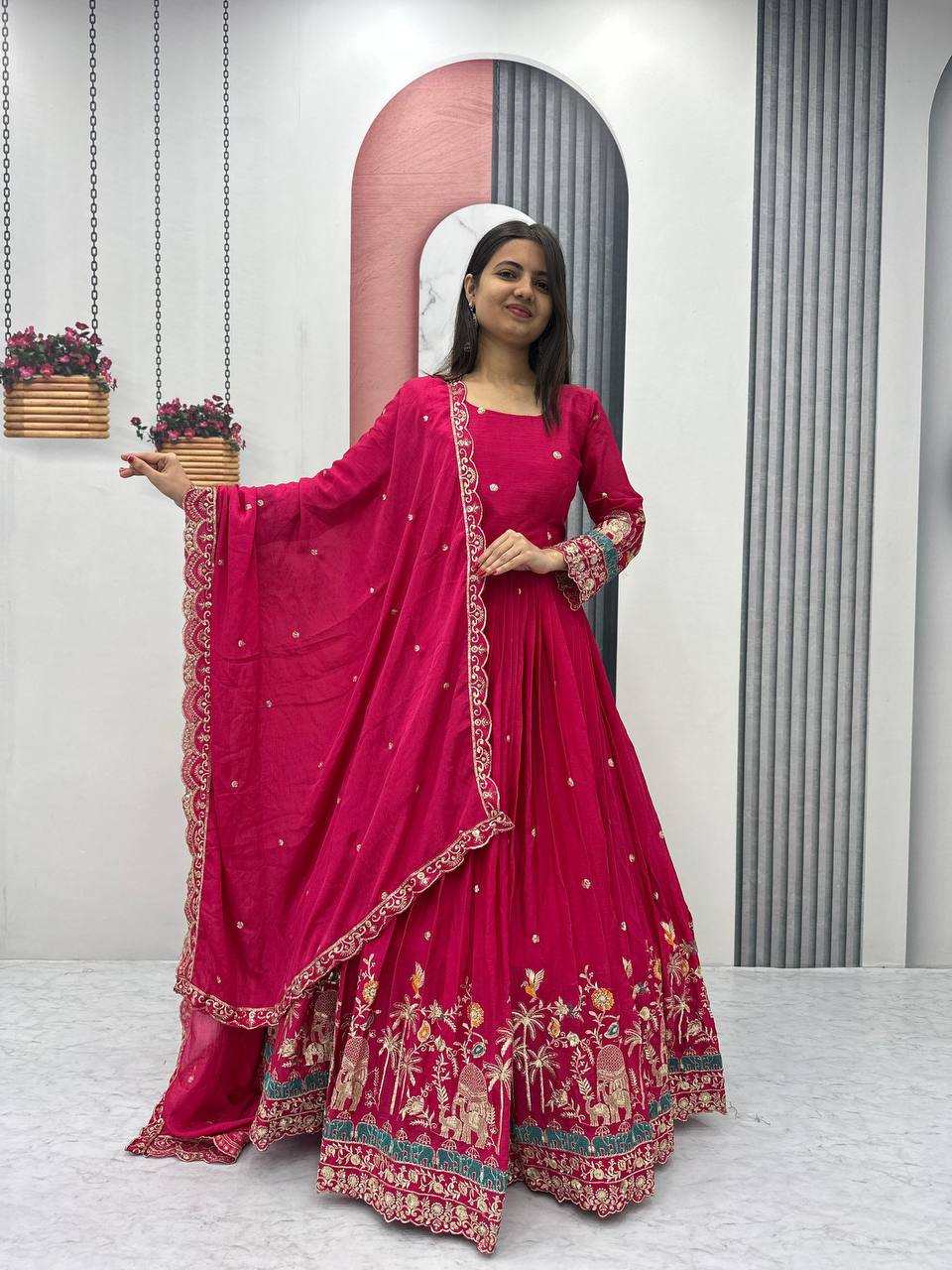 Elegant Chinon Festival Embroidered Gown with Dupatta