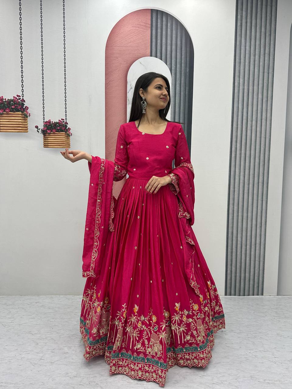 Elegant Chinon Festival Embroidered Gown with Dupatta