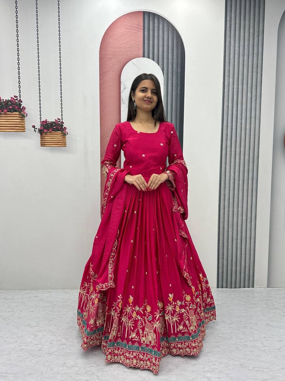 Elegant Chinon Festival Embroidered Gown with Dupatta