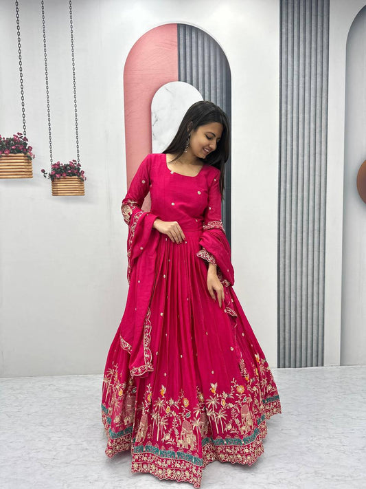 Elegant Chinon Festival Embroidered Gown with Dupatta