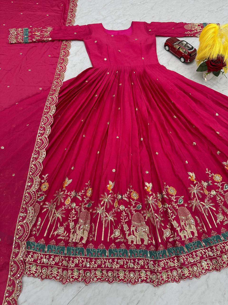 Elegant Chinon Festival Embroidered Gown with Dupatta