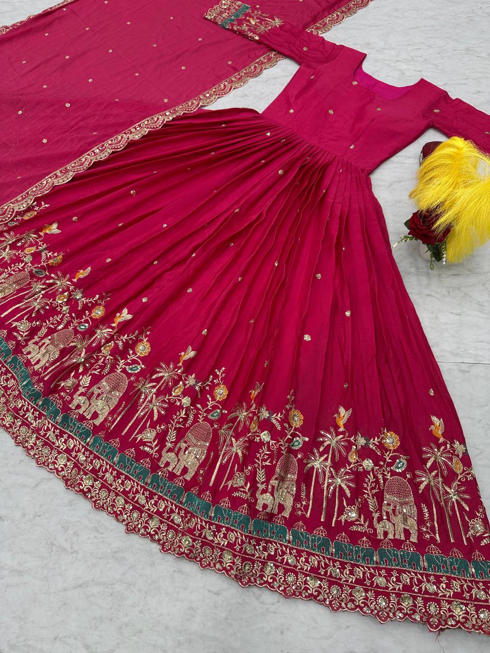 Elegant Chinon Festival Embroidered Gown with Dupatta