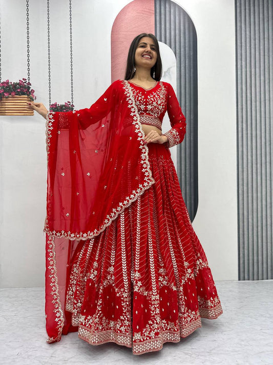 Elegant Red Embroidered Fox Georgette Lehenga Choli Set with Dupatta