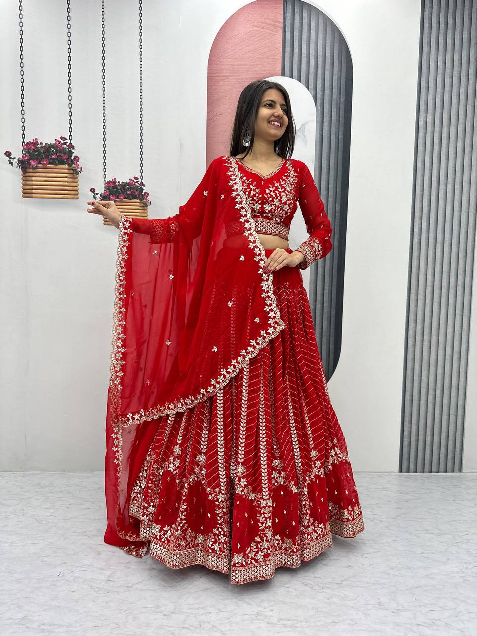 Elegant Red Embroidered Fox Georgette Lehenga Choli Set with Dupatta