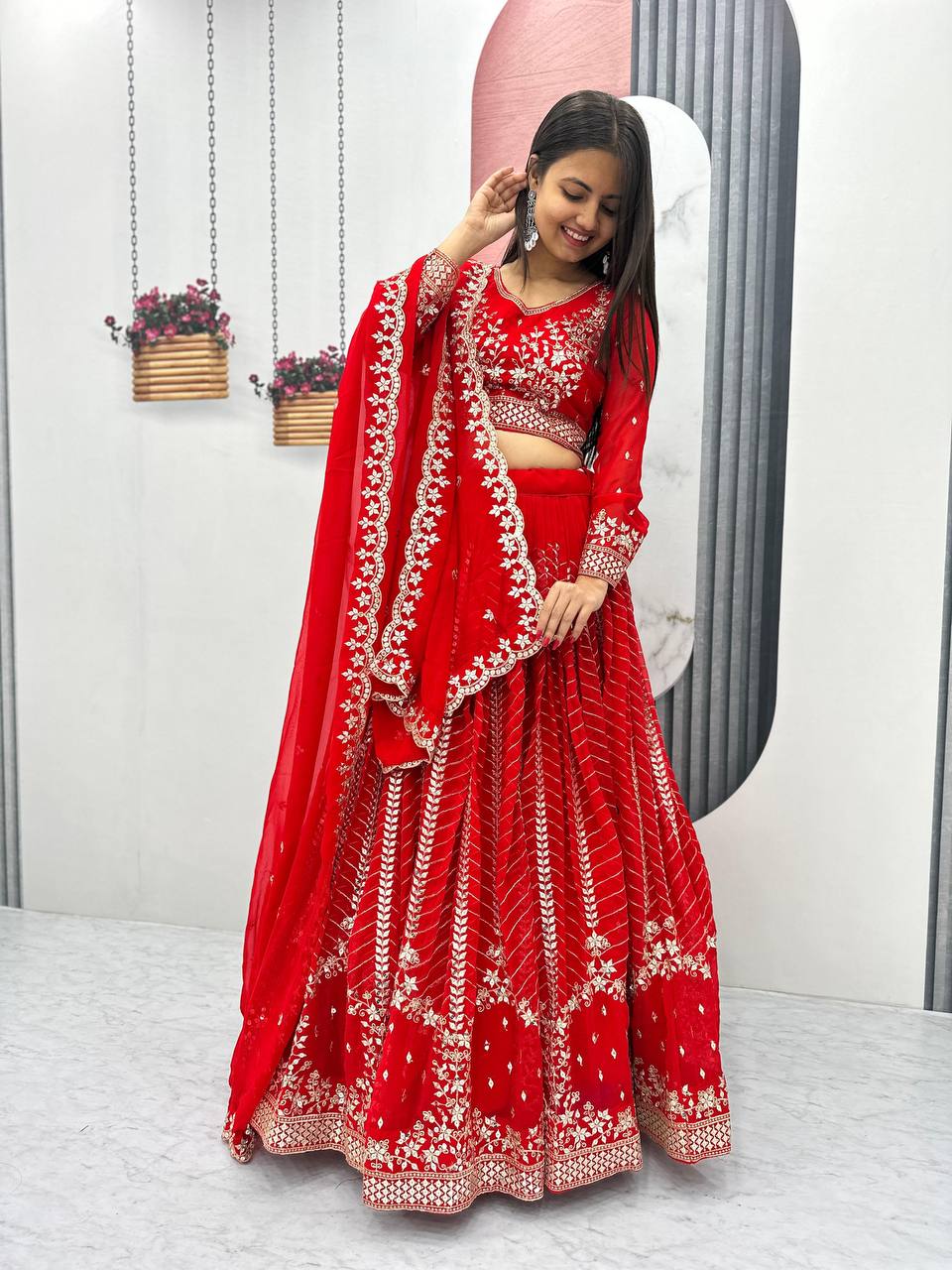 Elegant Red Embroidered Fox Georgette Lehenga Choli Set with Dupatta