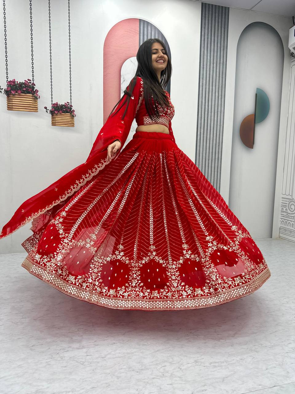 Elegant Red Embroidered Fox Georgette Lehenga Choli Set with Dupatta