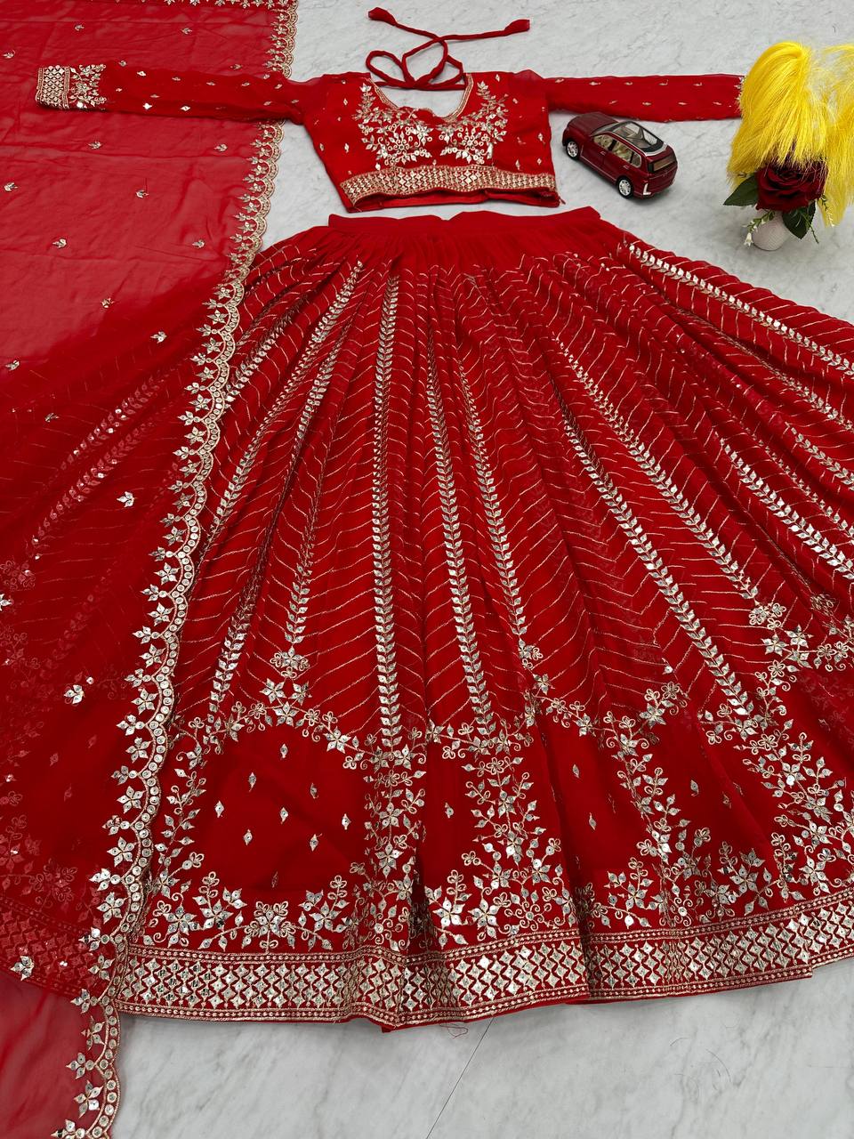 Elegant Red Embroidered Fox Georgette Lehenga Choli Set with Dupatta