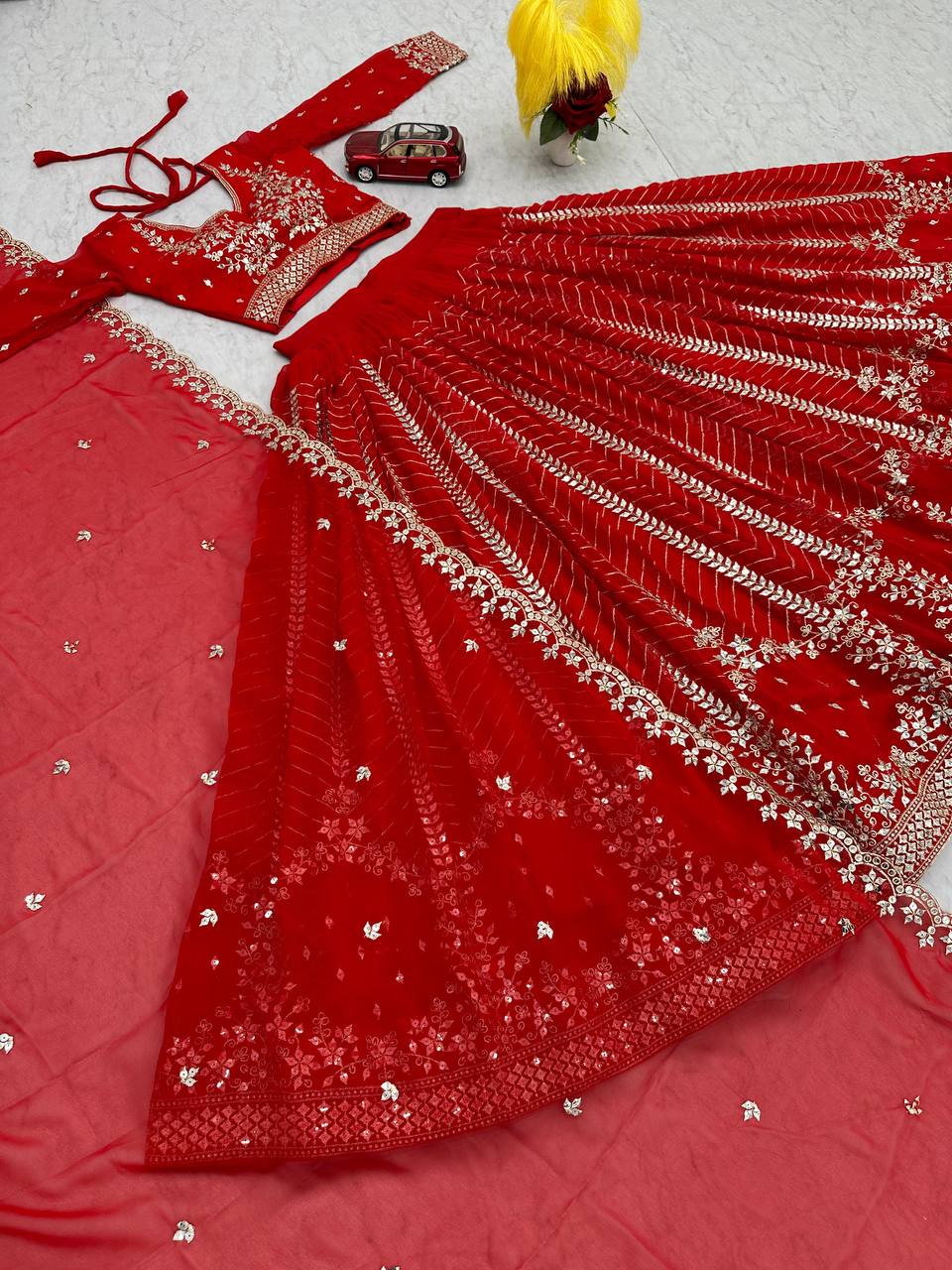 Elegant Red Embroidered Fox Georgette Lehenga Choli Set with Dupatta