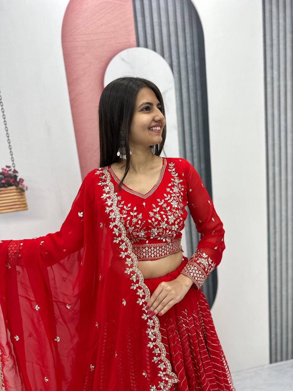 Elegant Red Embroidered Fox Georgette Lehenga Choli Set with Dupatta