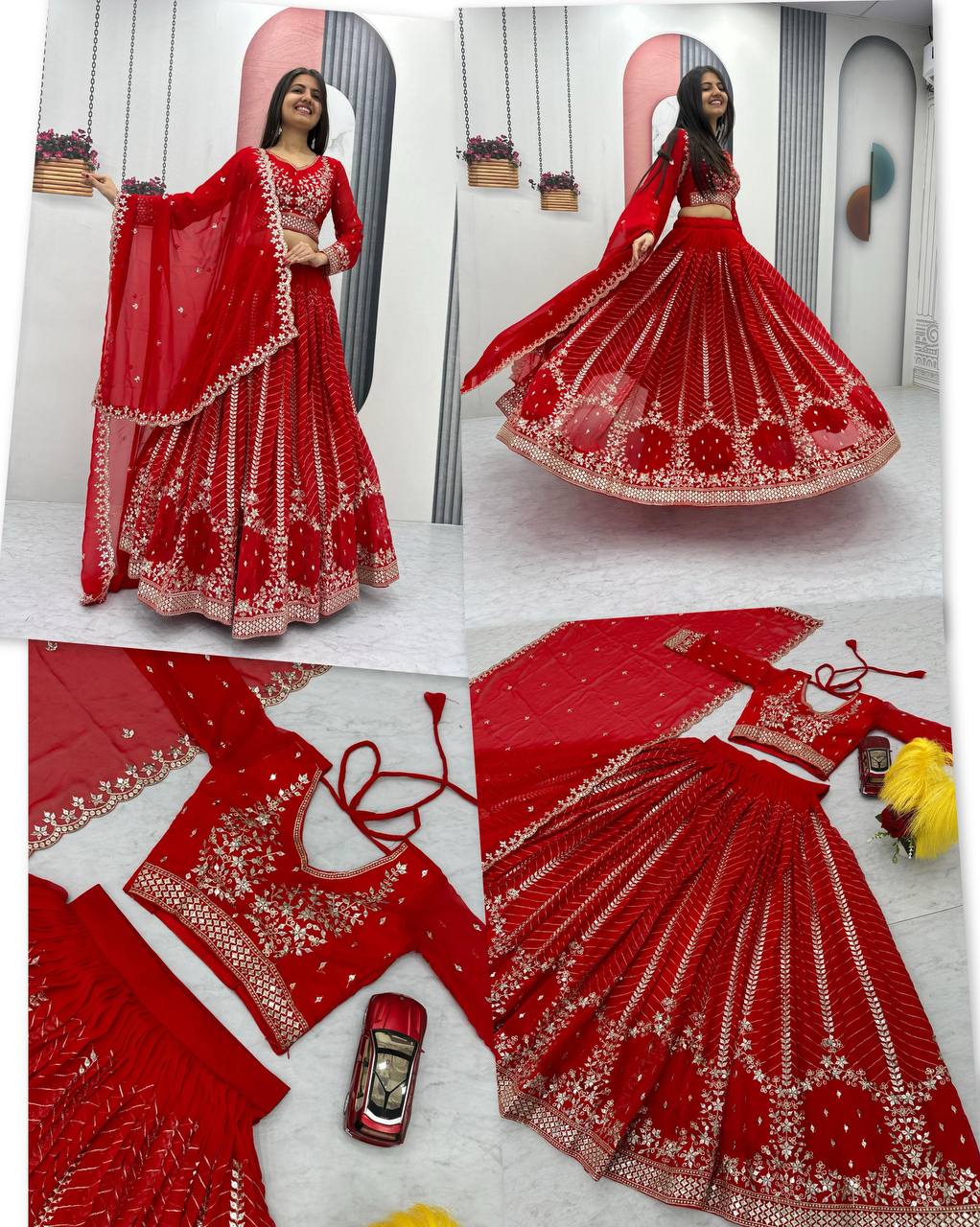 Elegant Red Embroidered Fox Georgette Lehenga Choli Set with Dupatta