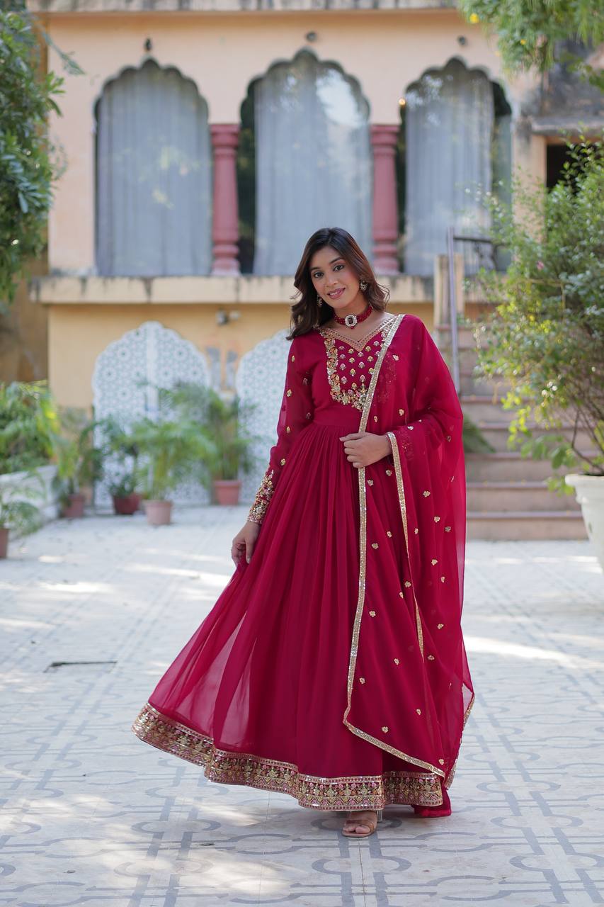 Elegant Faux Blooming Georgette Sequins Embroidery Gown & Dupatta Set