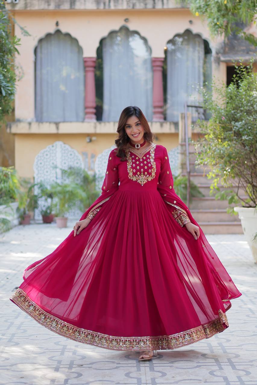 Elegant Faux Blooming Georgette Sequins Embroidery Gown & Dupatta Set