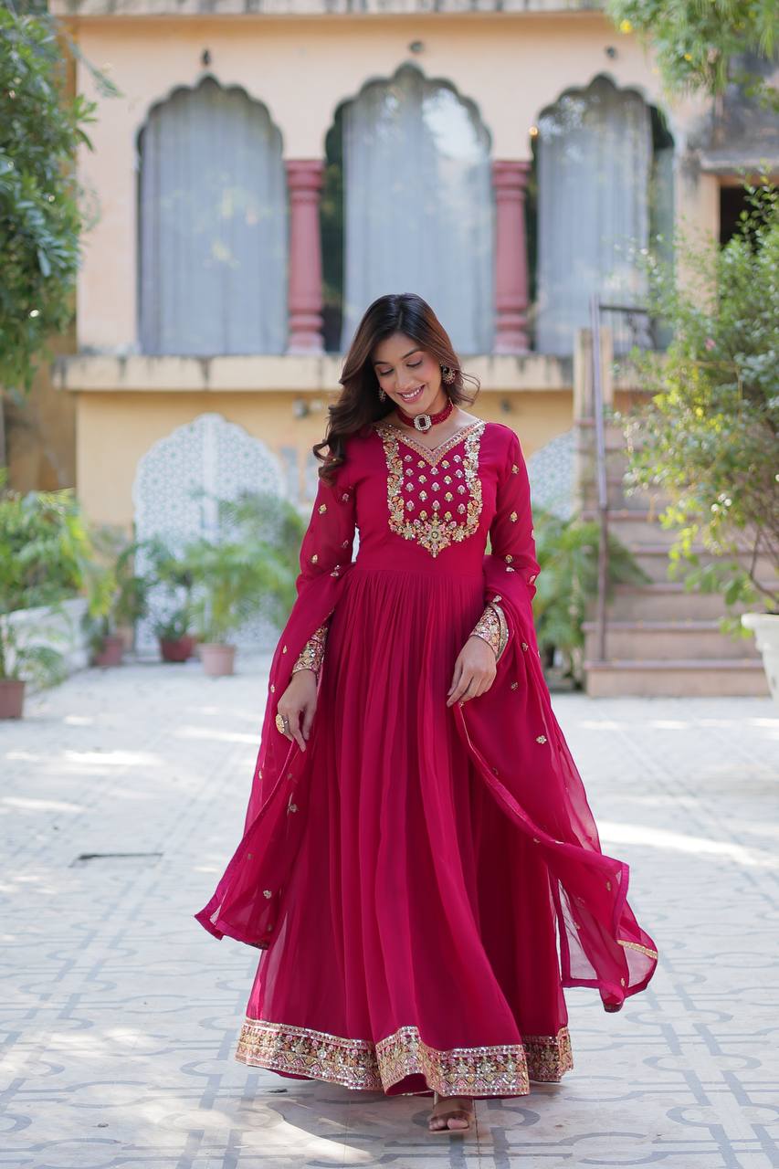 Elegant Faux Blooming Georgette Sequins Embroidery Gown & Dupatta Set