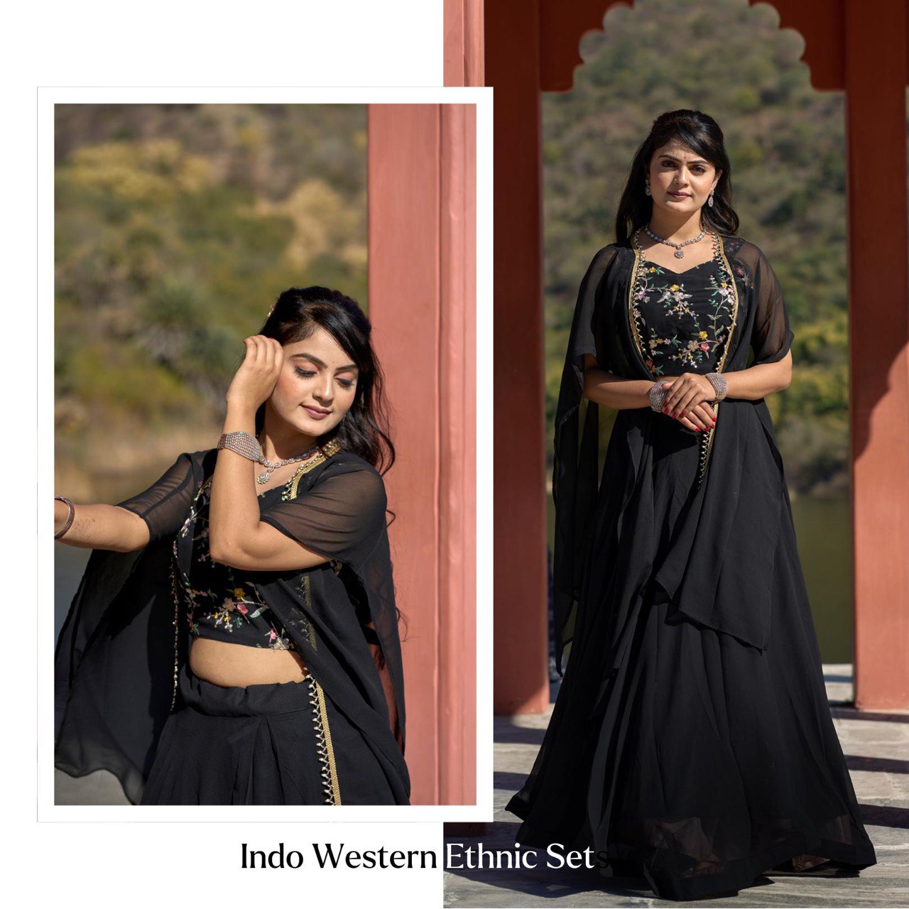 Elegant Black Georgette Embroidered Lehenga Choli Set with Koti Dupatta