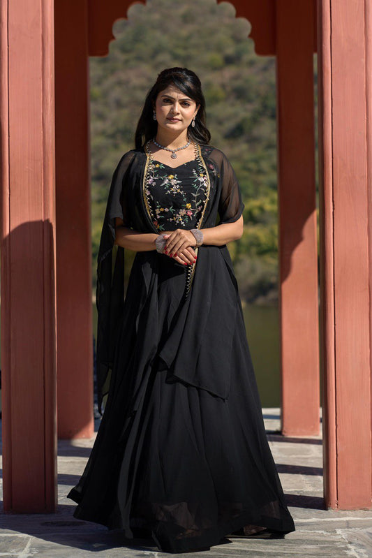 Elegant Black Georgette Embroidered Lehenga Choli Set with Koti Dupatta