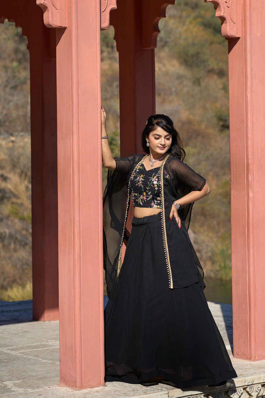 Elegant Black Georgette Embroidered Lehenga Choli Set with Koti Dupatta