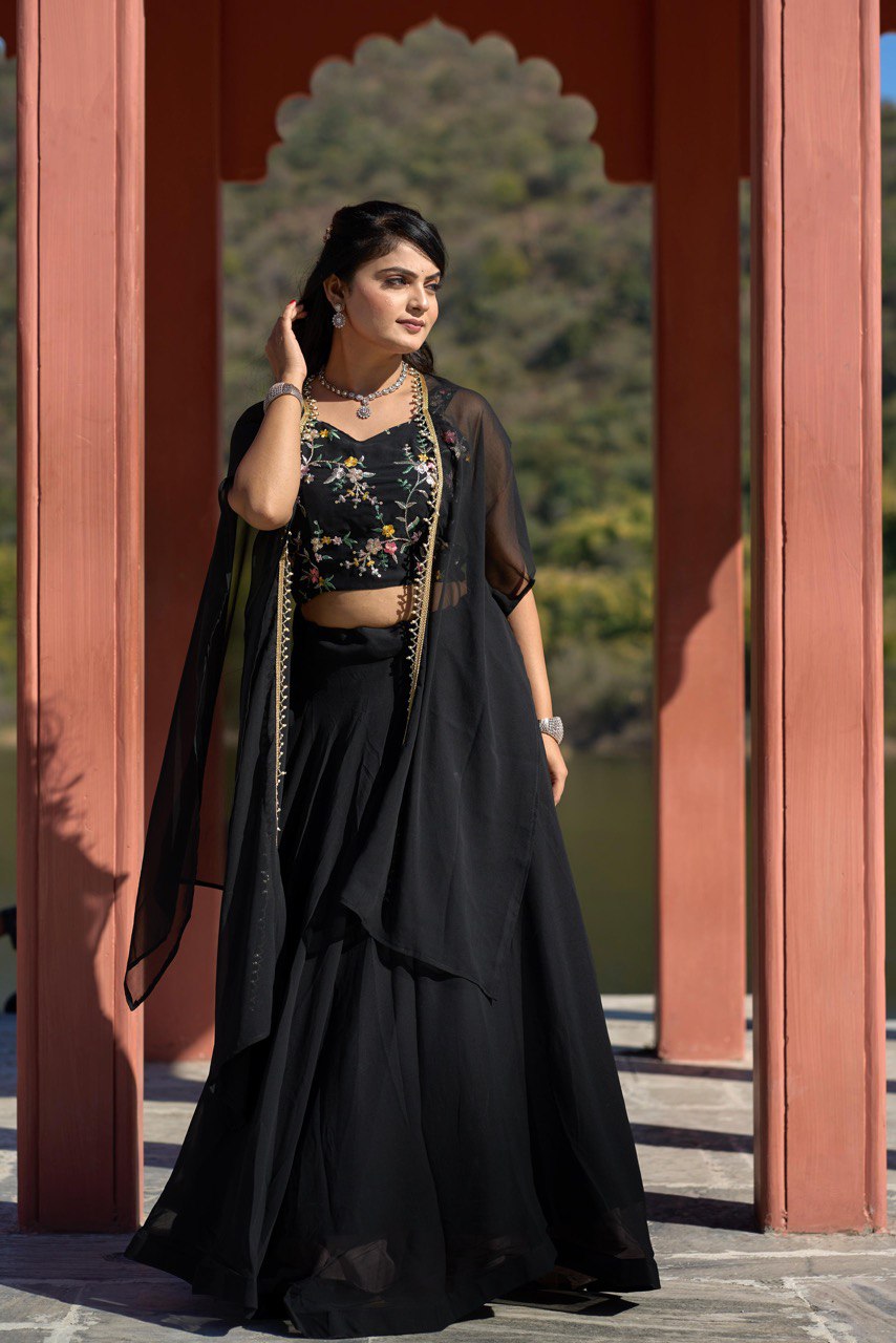 Elegant Black Georgette Embroidered Lehenga Choli Set with Koti Dupatta