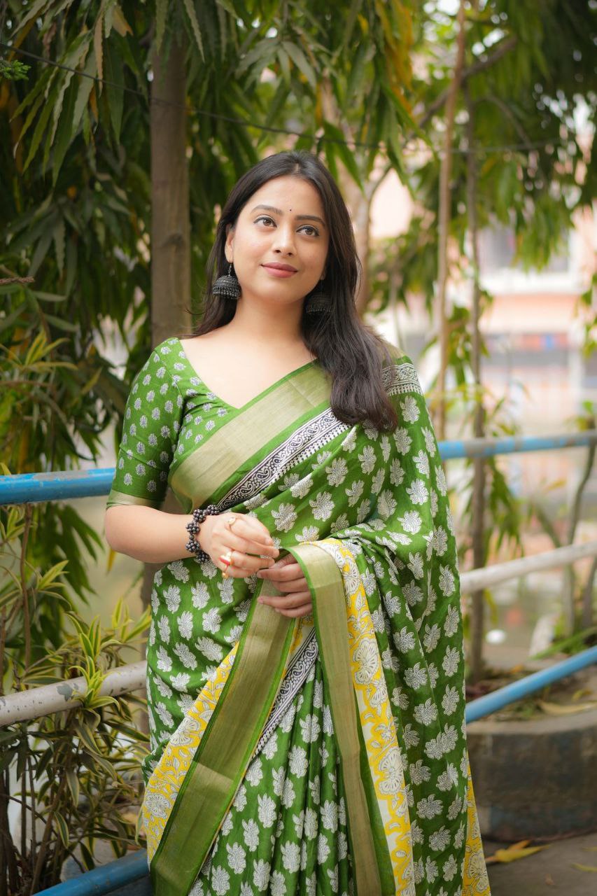 Fancy Green-to-Yellow Ajrakh Style Printed Soft Cotton Crape Saree with Blouse