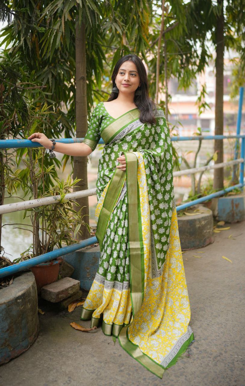 Fancy Green-to-Yellow Ajrakh Style Printed Soft Cotton Crape Saree with Blouse