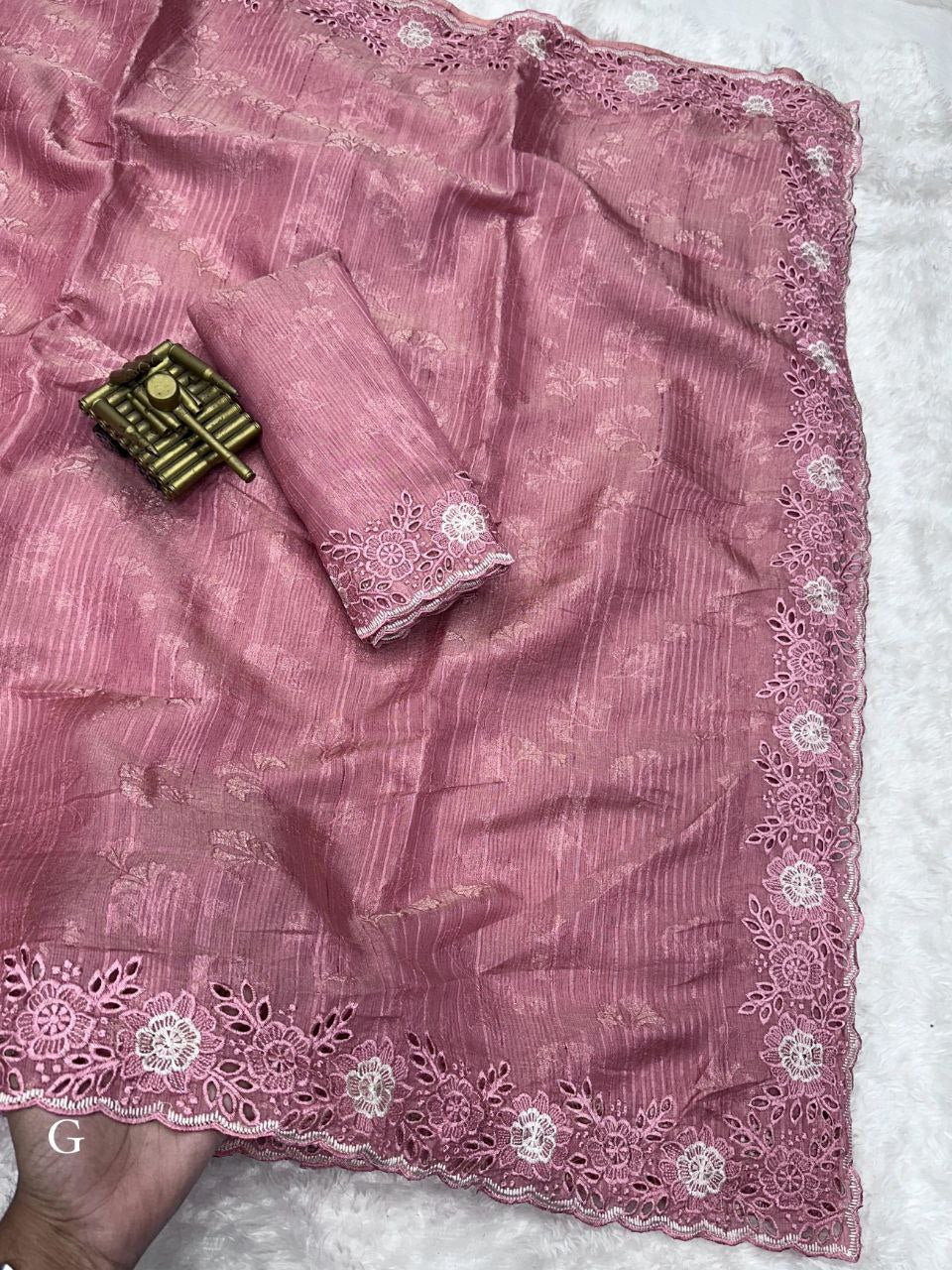 Elegant Self Jacquard & Embroidery Cutwork Tusser Cotton Saree with Blouse