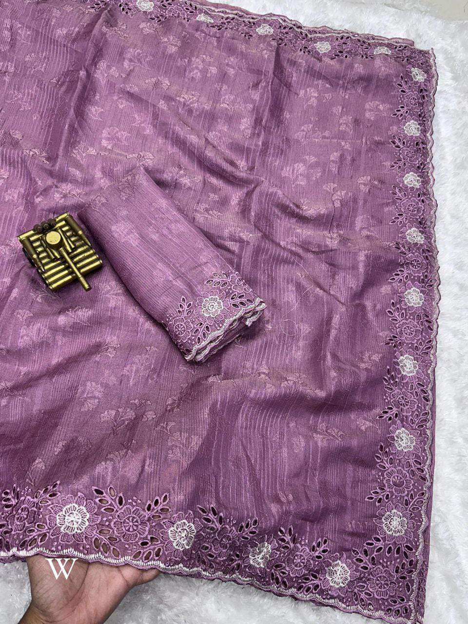 Elegant Self Jacquard & Embroidery Cutwork Tusser Cotton Saree with Blouse