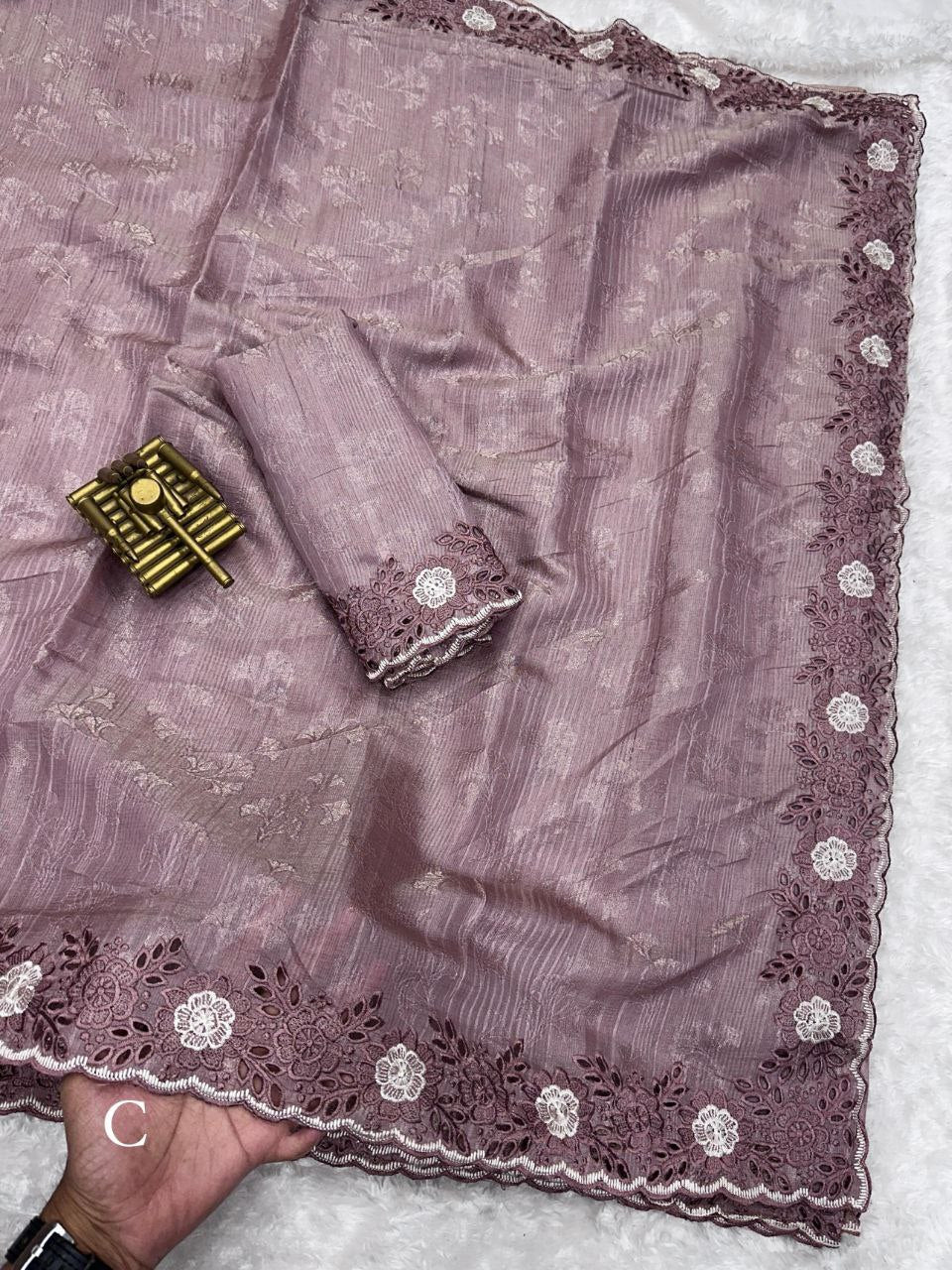 Elegant Self Jacquard & Embroidery Cutwork Tusser Cotton Saree with Blouse