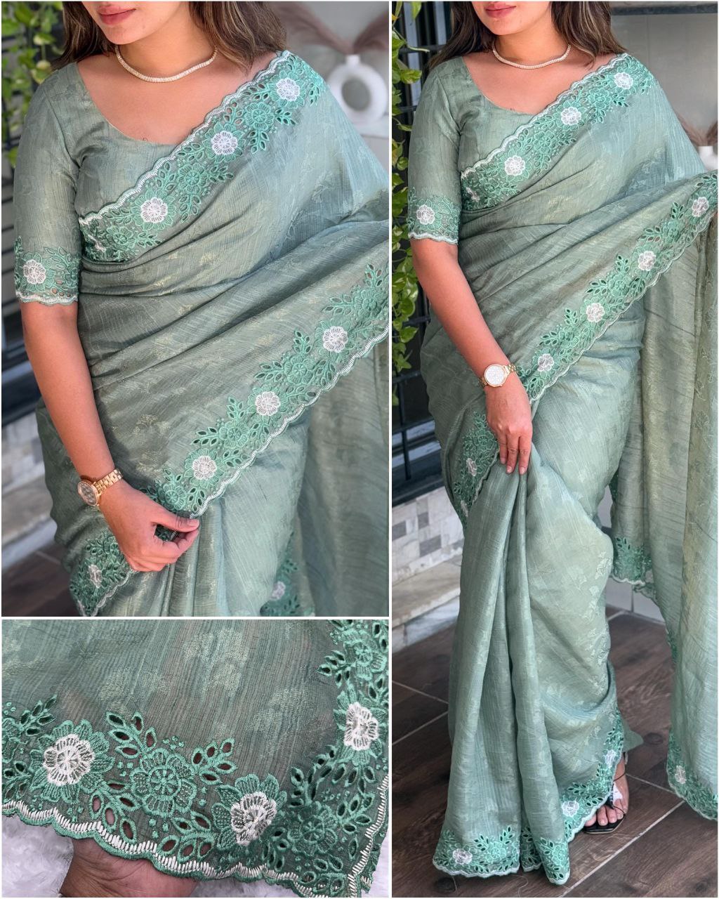 Elegant Self Jacquard & Embroidery Cutwork Tusser Cotton Saree with Blouse