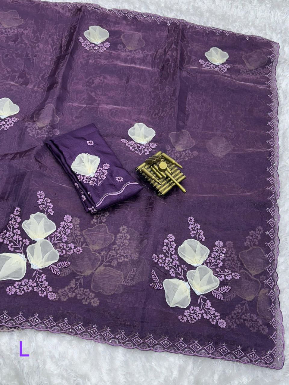 Hand Applique & Sequins Embroidery Crystal Silk Saree with Mono Cotton Blouse