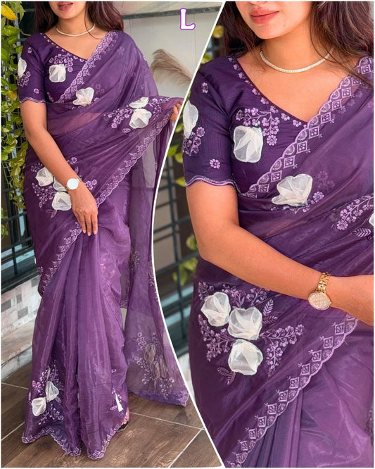 Hand Applique & Sequins Embroidery Crystal Silk Saree with Mono Cotton Blouse