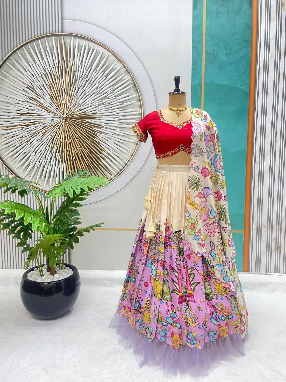 Designer Kalamkari Printed Lehenga Choli with Frill Work & Stitched Blouse