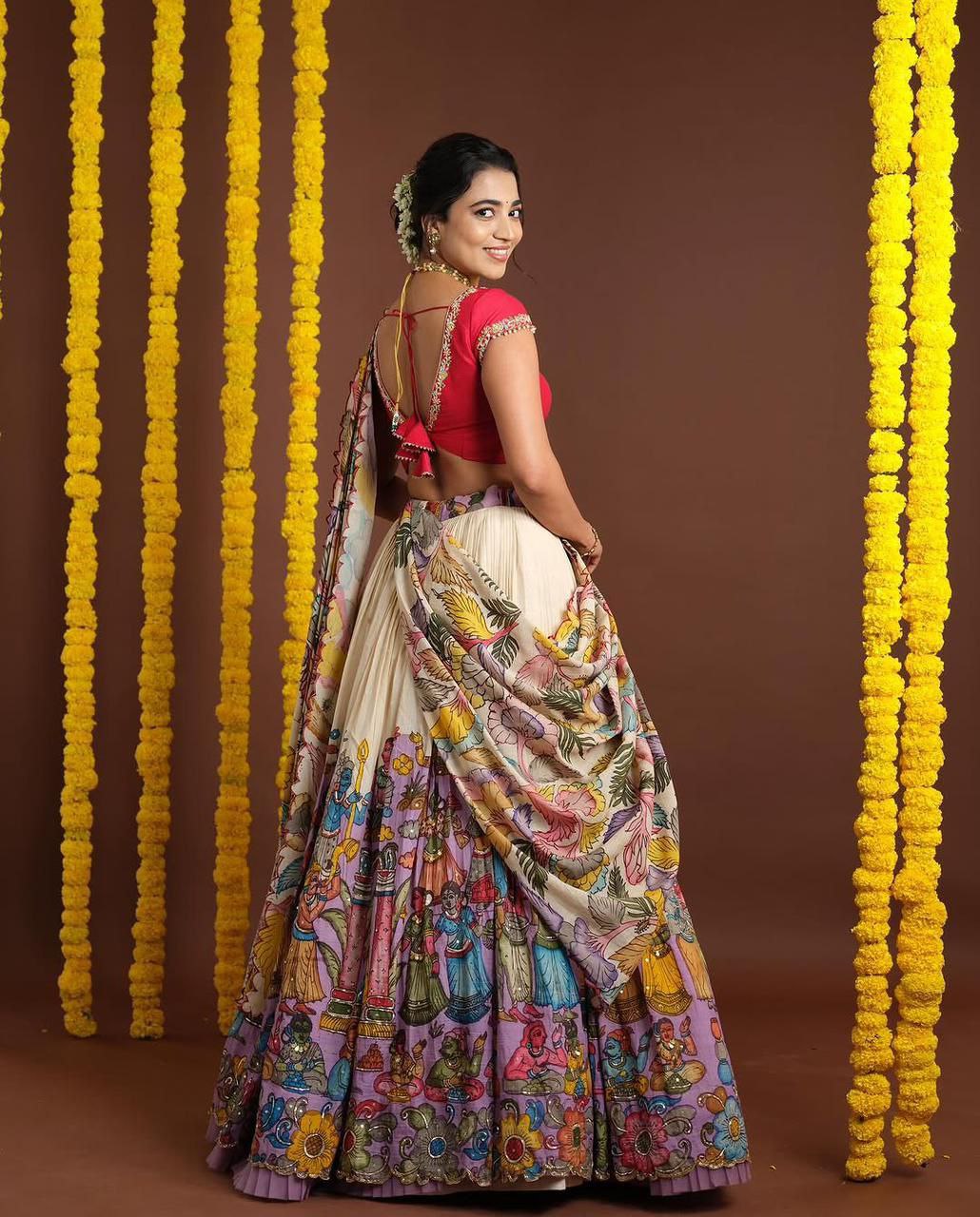 Designer Kalamkari Printed Lehenga Choli with Frill Work & Stitched Blouse