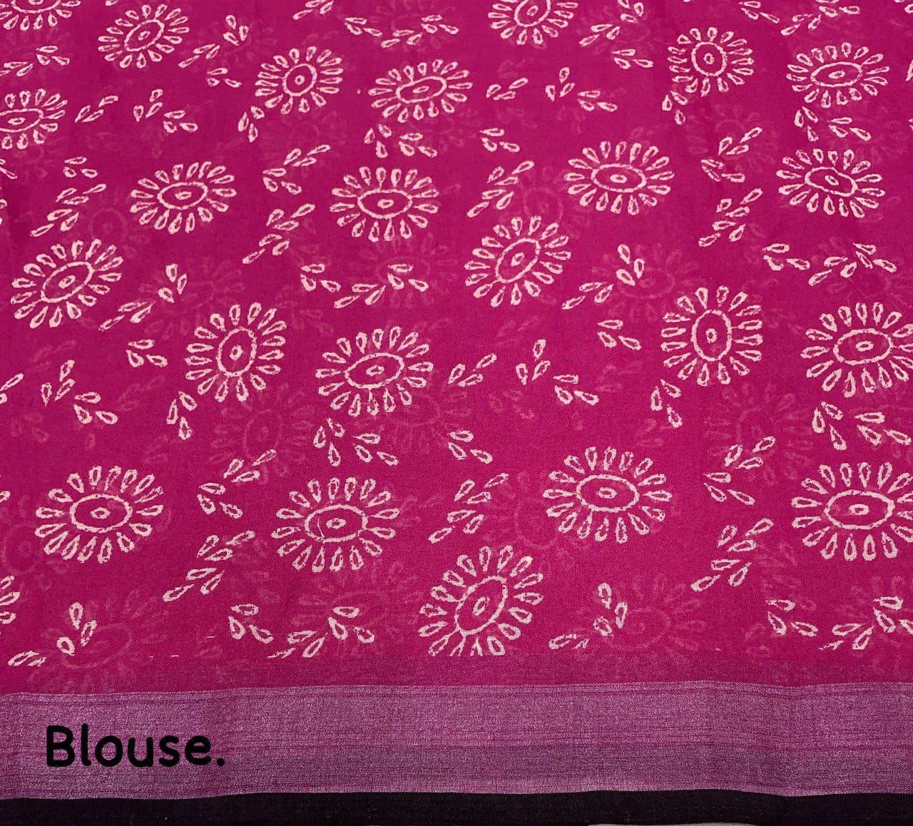 Soft Linen Saree with Black & Pink Contrast Prints | Zari Woven Border | Unstitched Blouse