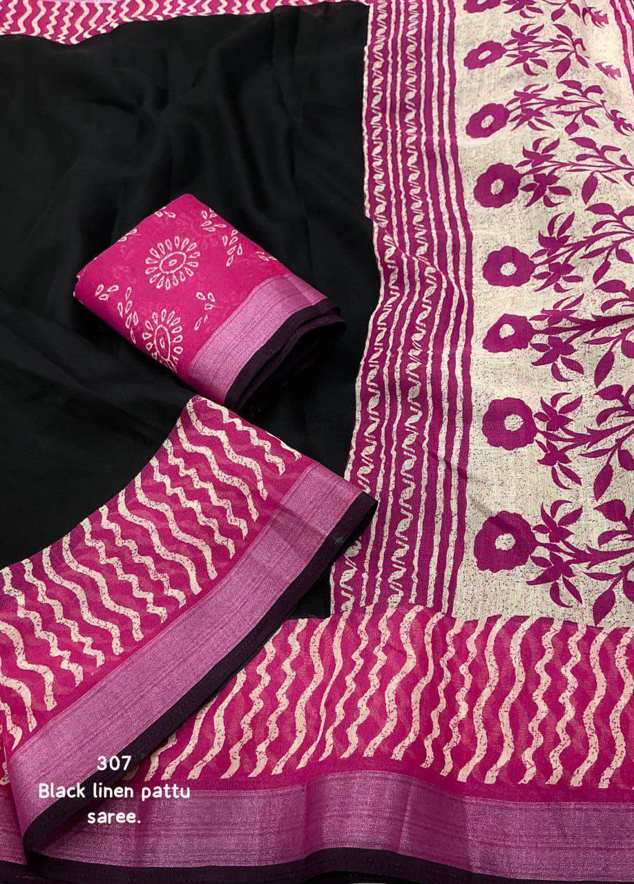 Soft Linen Saree with Black & Pink Contrast Prints | Zari Woven Border | Unstitched Blouse