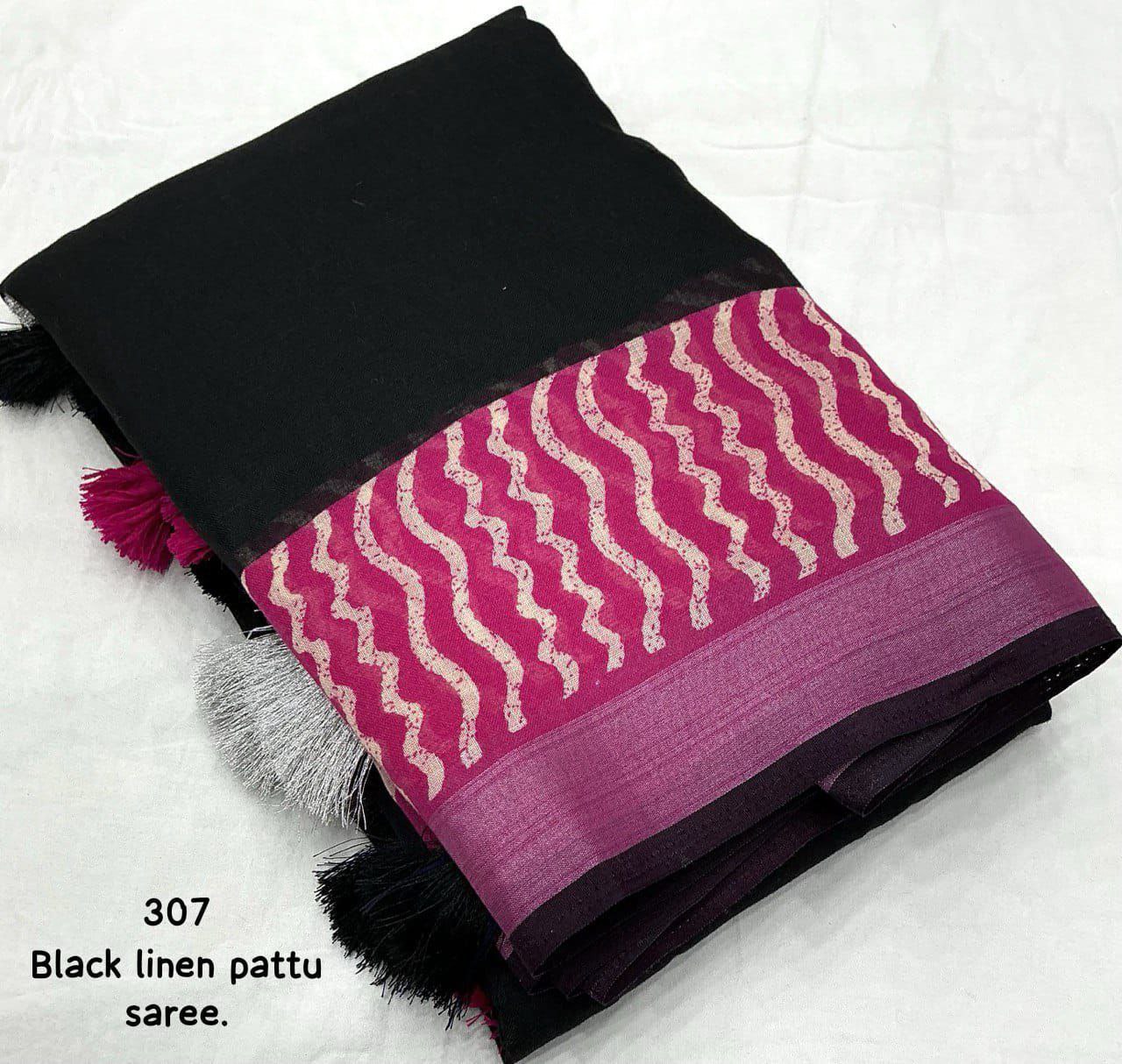 Soft Linen Saree with Black & Pink Contrast Prints | Zari Woven Border | Unstitched Blouse