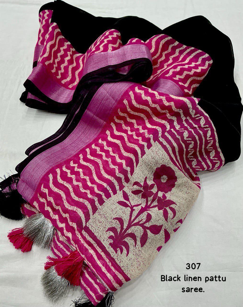 Soft Linen Saree with Black & Pink Contrast Prints | Zari Woven Border | Unstitched Blouse