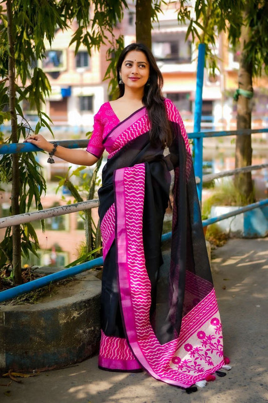 Soft Linen Saree with Black & Pink Contrast Prints | Zari Woven Border | Unstitched Blouse