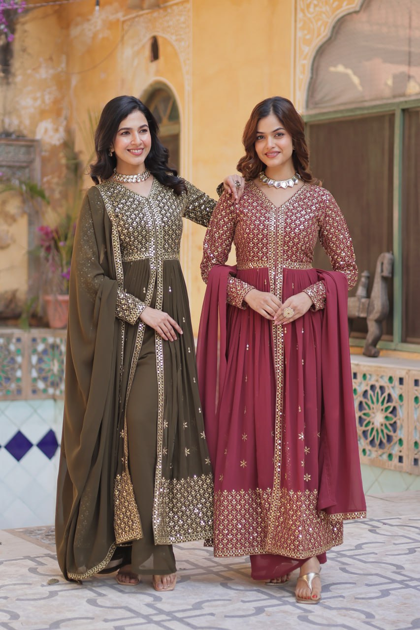 Premium Readymade Faux Georgette Embroidered Kurti with Pant & Dupatta Set