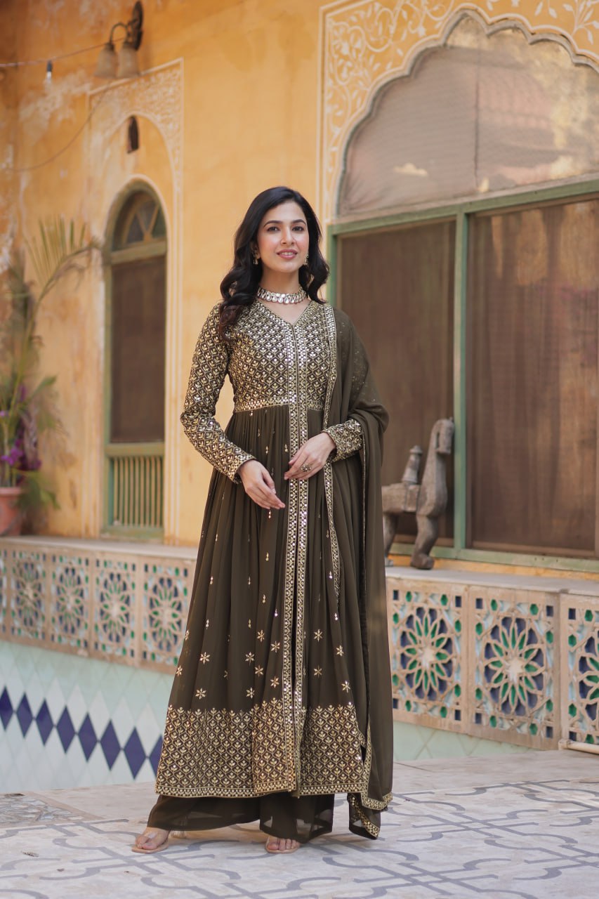 Premium Readymade Faux Georgette Embroidered Kurti with Pant & Dupatta Set