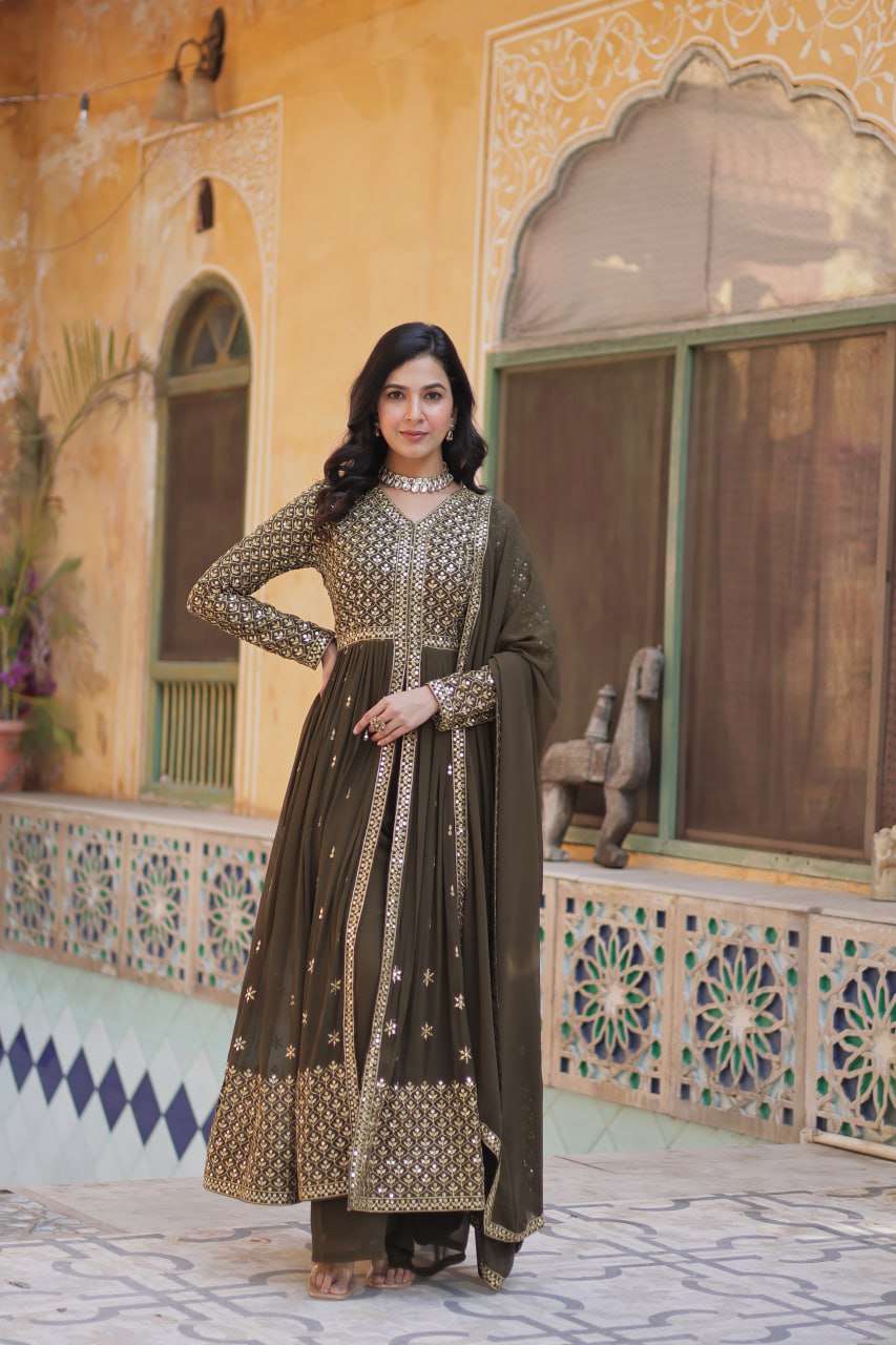 Premium Readymade Faux Georgette Embroidered Kurti with Pant & Dupatta Set