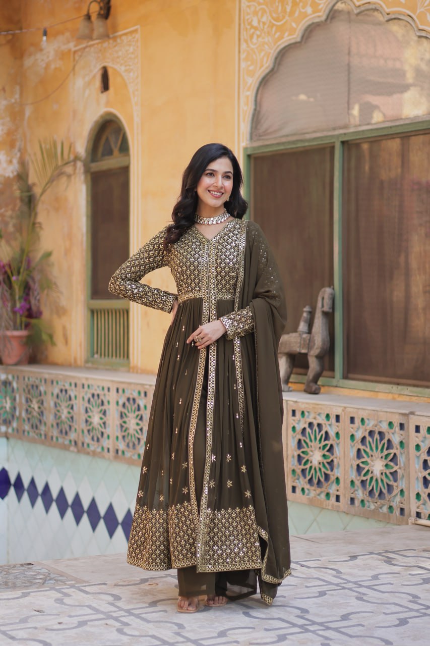 Premium Readymade Faux Georgette Embroidered Kurti with Pant & Dupatta Set