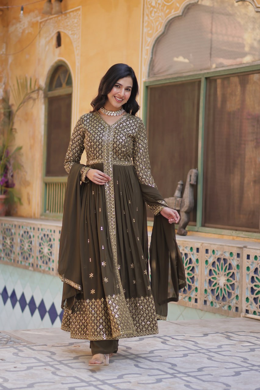 Premium Readymade Faux Georgette Embroidered Kurti with Pant & Dupatta Set