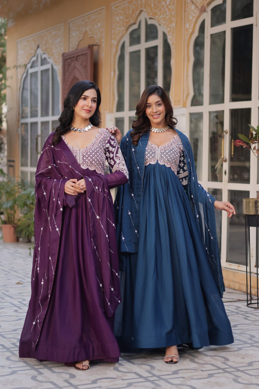 ✨ Premium Designer Embroidery & Sequins Work Readymade Star Georgette Gown with Dupatta