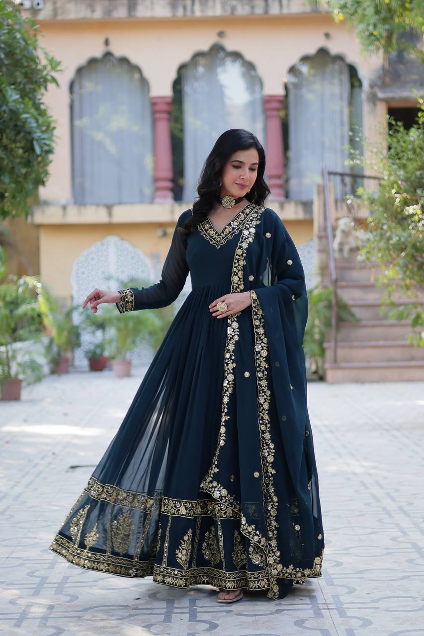 Faux Blooming Georgette & Zari Sequins Embroidery  Work Designer Readymade Gown with Dupatta