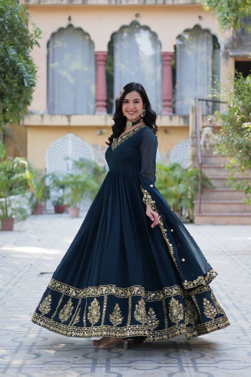 Faux Blooming Georgette & Zari Sequins Embroidery  Work Designer Readymade Gown with Dupatta