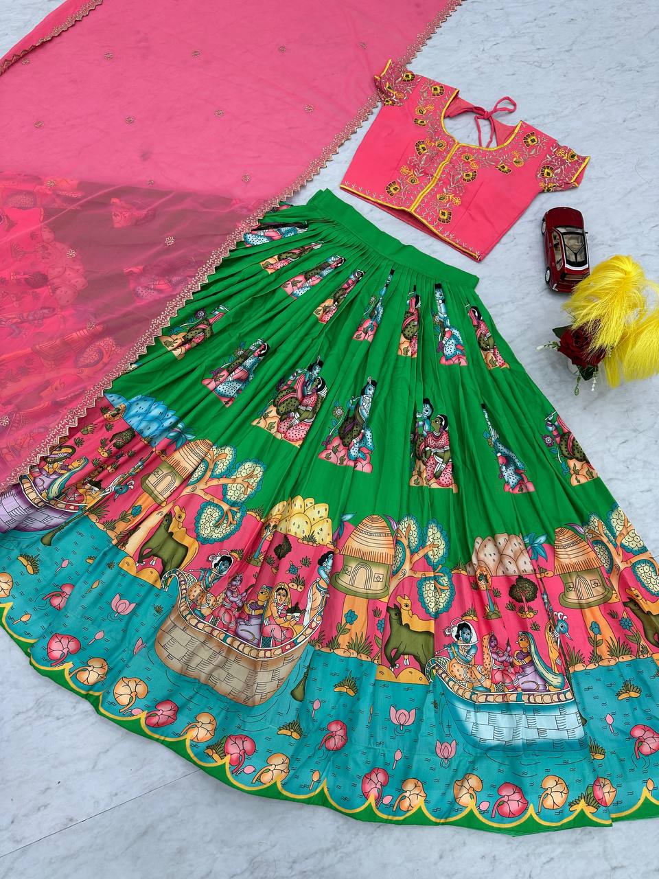 Kalamkari Print Cotton Lehenga Choli Set with Embroidery Work & Fox Georgette Dupatta