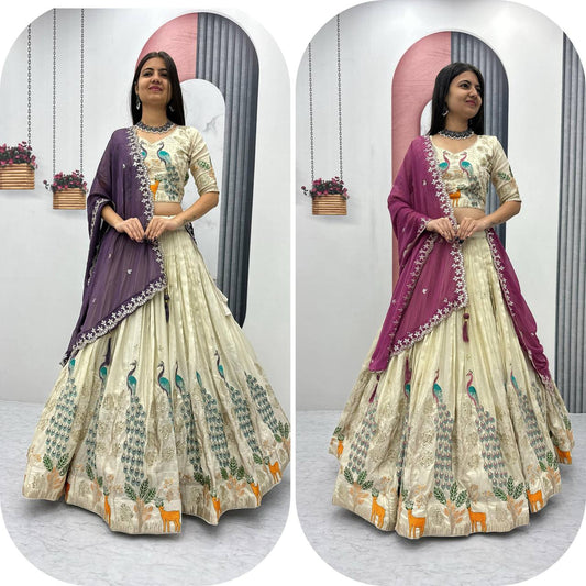 Elegant Peacock Wedding Wear Cancan Patta & Sequence Work Lehenga Choli Set