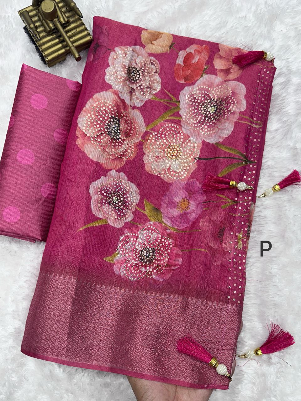 Elegant Floral Printed Cotton Silk Saree with Sequins & Tassels