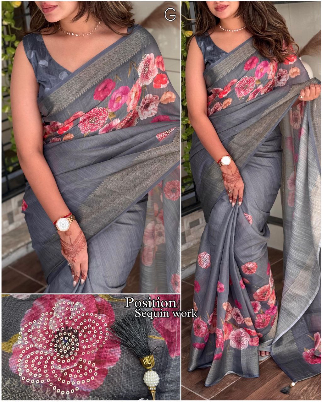 Elegant Floral Printed Cotton Silk Saree with Sequins & Tassels